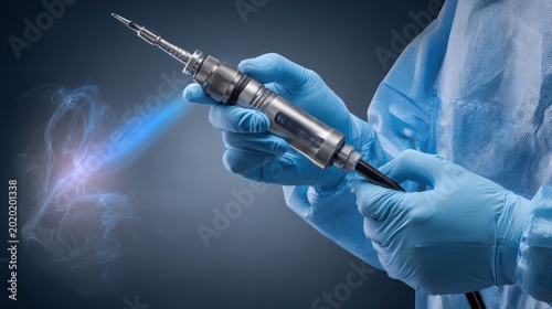 Medical professional holds a precision surgical instrument emitting a focused beam of light.