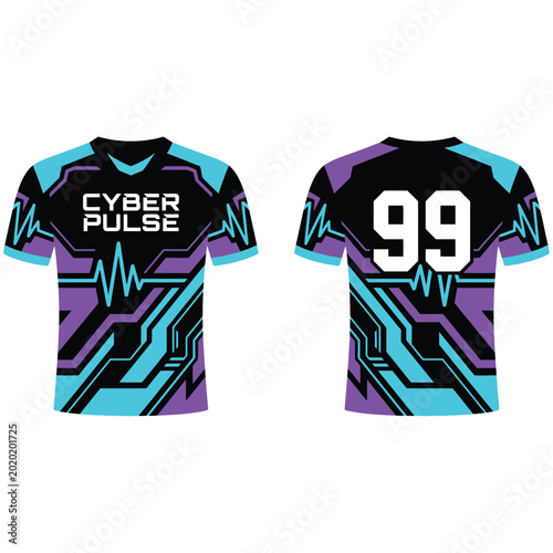 Futuristic e sports jersey design with cyber pulse theme and number 99, template