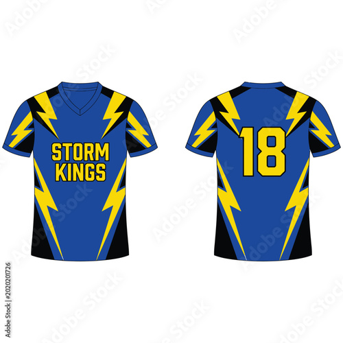 V neck blue athletic jersey with yellow lightning design and number 18 template