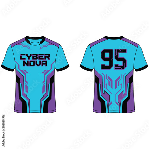 Cyber nova cyan and purple gaming jersey template with number 95 design