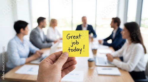 A hand holding a yellow sticky note with a motivational message in a business meeting setting