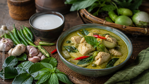Thai Green Curry Chicken with Fresh Ingredients on Rustic Wooden Table