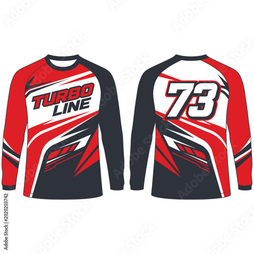 Aggressive red and dark gray long sleeve racing jersey with turbo line