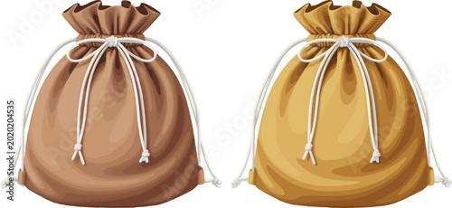 Obraz na płótnie Hand drawn brown and golden drawstring money bags vector illustration for saving