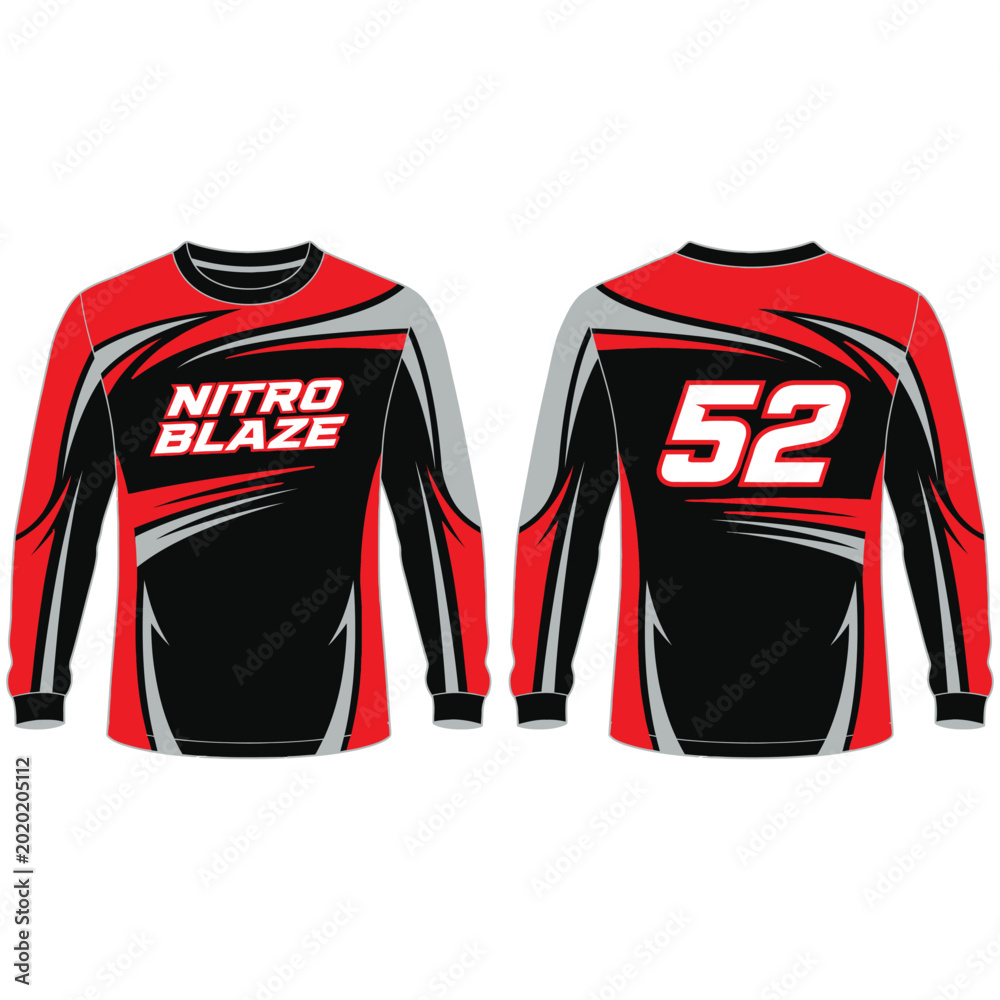 Fototapeta premium Long sleeve motocross jersey with red and black curved graphic patterns