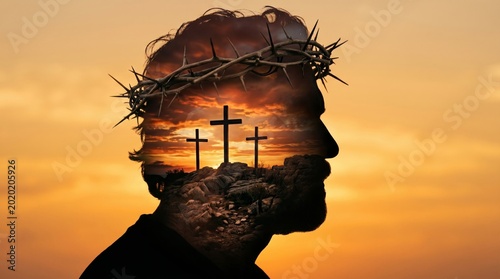 Silhouette of Jesus with crown of thorns and double exposure of crosses on calvary hill. Religious conceptual art representing sacrifice, faith, christianity, and Easter holiday.