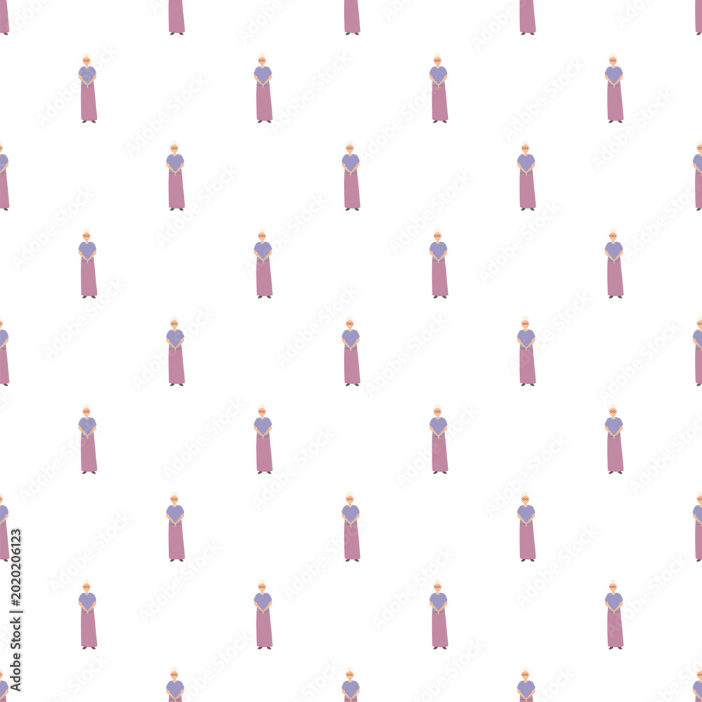 Fototapeta premium Seamless pattern featuring a repeating illustration of an elderly woman character on a white background