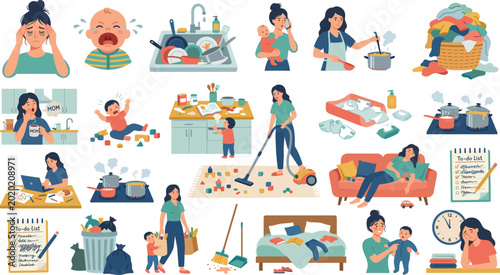 Set of exhausted stay at home mom characters performing daily routine and household chores