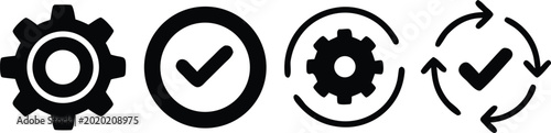 Set of four circular icons depicting gears and checkmarks, representing processes, approval, and completion in a clean, modern design