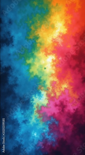 Colorful cloud filled sky with a rainbow tie dye background