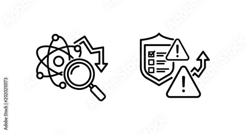 Scientific research analysis and data security risk assessment icons with research analysis assessment security protection discovery magnifying checklist exclamation solution investigation