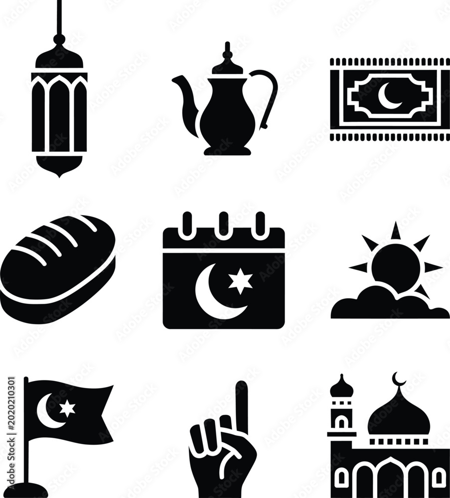 Ταπετσαρία Set of ramadan kareem icons, lantern, bread, calendar, sun, flag, hand, mosque
