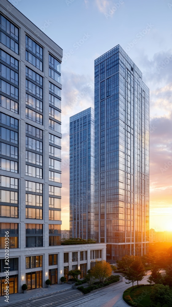 Fototapeta premium City skyline at sunset, urban landscape, modern architecture, business district view.