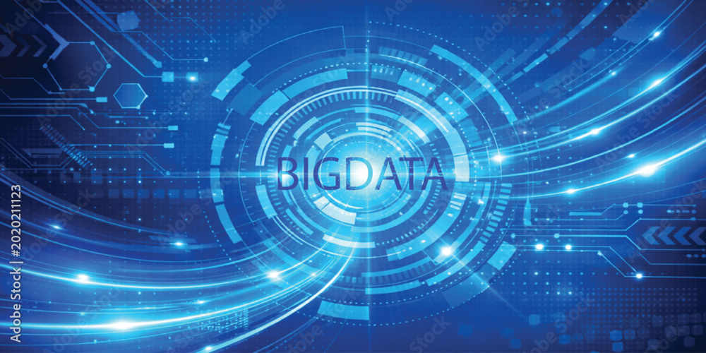 Fototapeta premium Big data technology background with blue digital circular interface, data streams and network connections, analytics, cloud computing and futuristic tech concept
