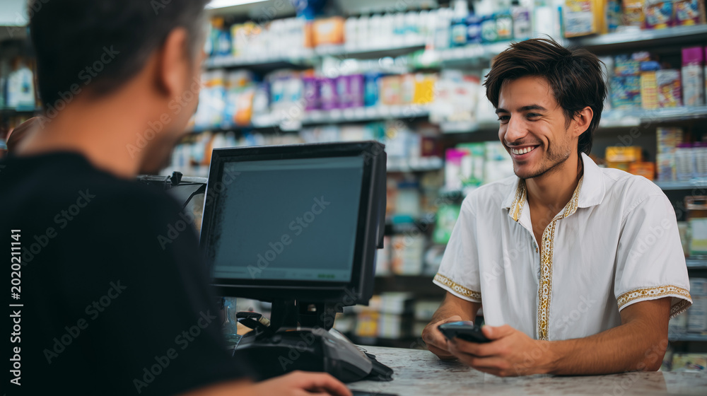 Fototapeta premium Peruvian Bodega Payment Scene with QR Code Smartphone Transaction