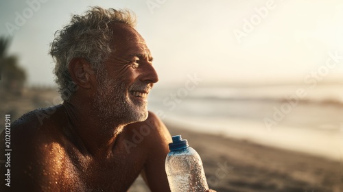 Cardio sports exercise, healthy lifestyle. A man sitting on the beach at sunset, holding a bottle of water in his hand. The background is slightly blurred, emphasizing the man as the main subject.