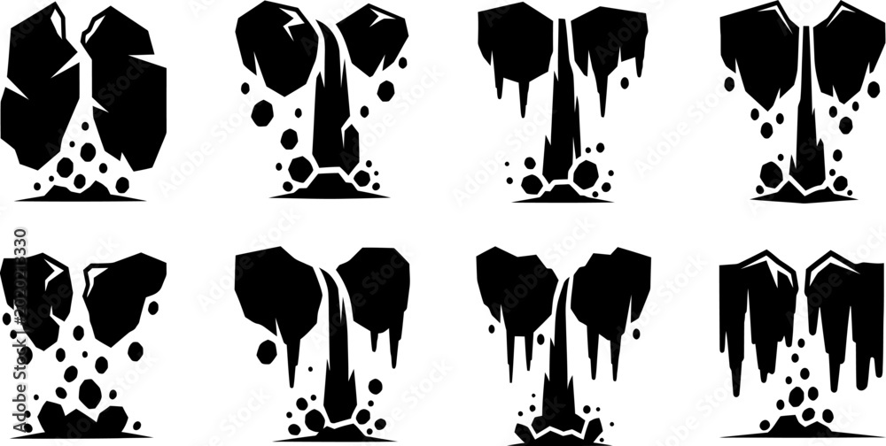 Φωτογραφία Eight black silhouette icons of erupting volcanoes or geysers