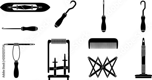 Fotografie Collection of textile weaving tools and crafting implements silhouettes