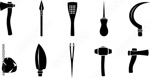 Quadro su tela Collection of primitive tool and weapon silhouettes