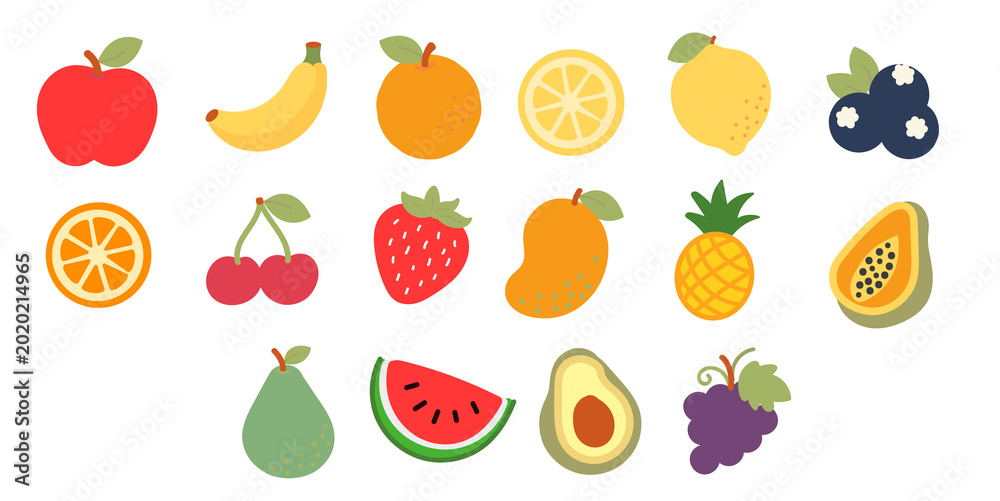 Obraz premium Flat Fruit and Berry Icon Set Vector Illustration