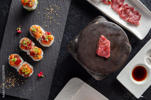 Sushi and Wagyu Flat Lay – Overhead View
