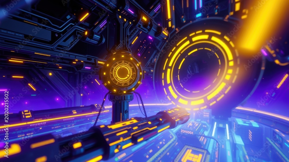 Fototapeta premium Futuristic interior, vibrant neon lights, complex circuitry. Dark background emphasizes glowing lines, creating immersive space.