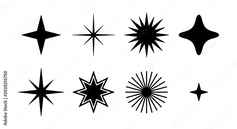 Obraz premium Sparkle star vector set, black celestial glitter shapes, shining light effect elements