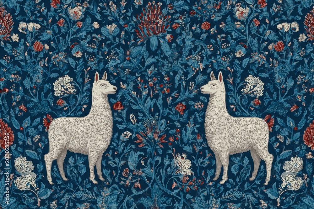 Obraz premium Two White Llamas on a Dark Blue Arts and Crafts Floral Pattern Background