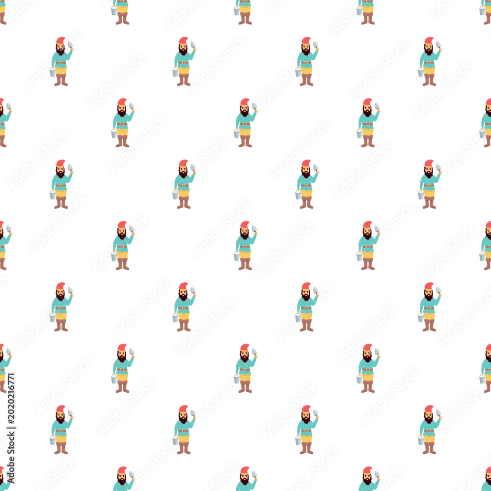 Obraz premium Cartoon character gnome wearing red hat and beard holding a bucket forming a seamless pattern