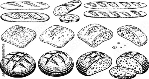 Konstfotografi Hand-drawn assortment of artisan bread loaves and rolls white background, bakery