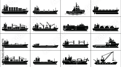 Obraz na płótnie Set of transportation and logistics icons featuring silhouettes of vehicles, commercial trucks, public transit, and emergency services for urban mobility