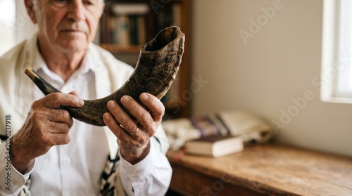 An older Jewish man holding a traditional ram's horn shofar by the window, close-up on hands with copy space — Rosh Hashanah, Yom Kippur and Jewish traditions concept