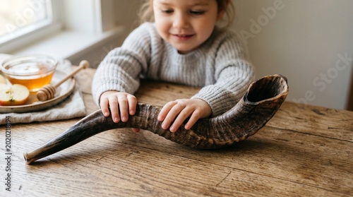 Little child touching an authentic jewish ram horn shofar on a wooden table with copy space — Rosh Hashanah holiday and religion traditions concept
