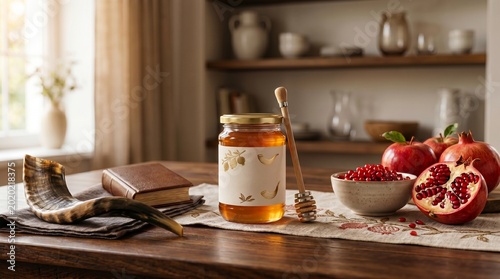 Rosh Hashanah festive table setting with copy space, honey jar with gold ornament, shofar, vintage book, apples and pomegranates on a wooden table