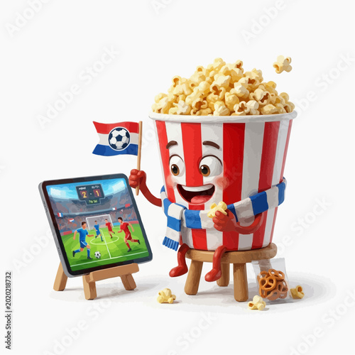 A cartoon popcorn bucket character watching a soccer game on a tablet Ilustração Vetorial