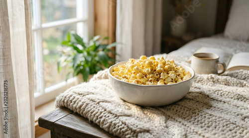 Cozy scene with a bowl of freshly popped popcorn resting on a soft textured blanket near a sunlit window creating a warm inviting atmosphere perfect for relaxing indoors