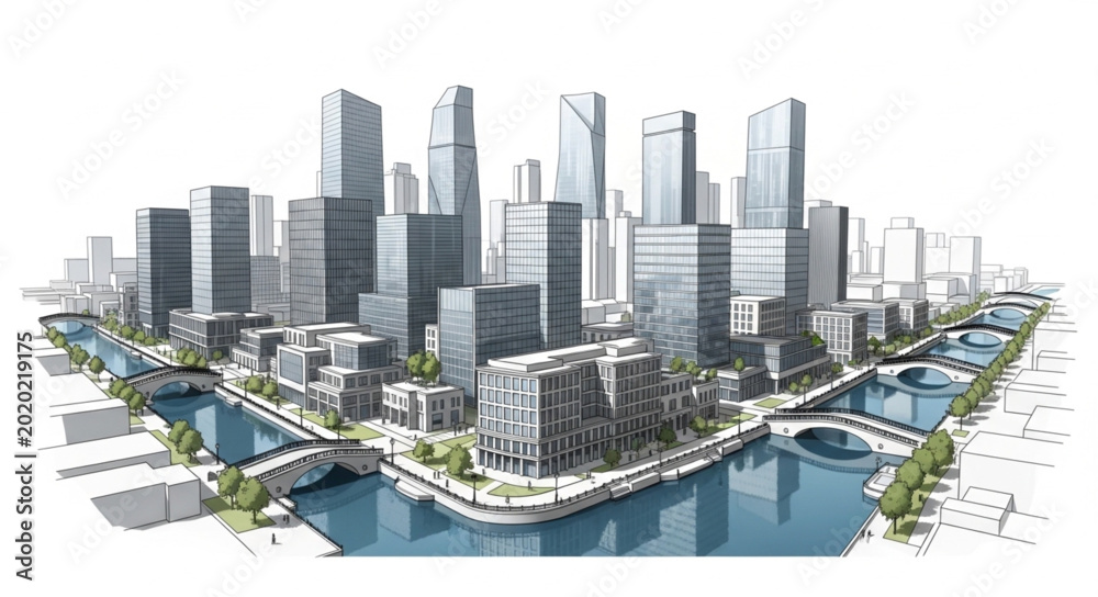 Fototapeta premium Modern Cityscape Architectural Drawing with Waterways and Bridges.