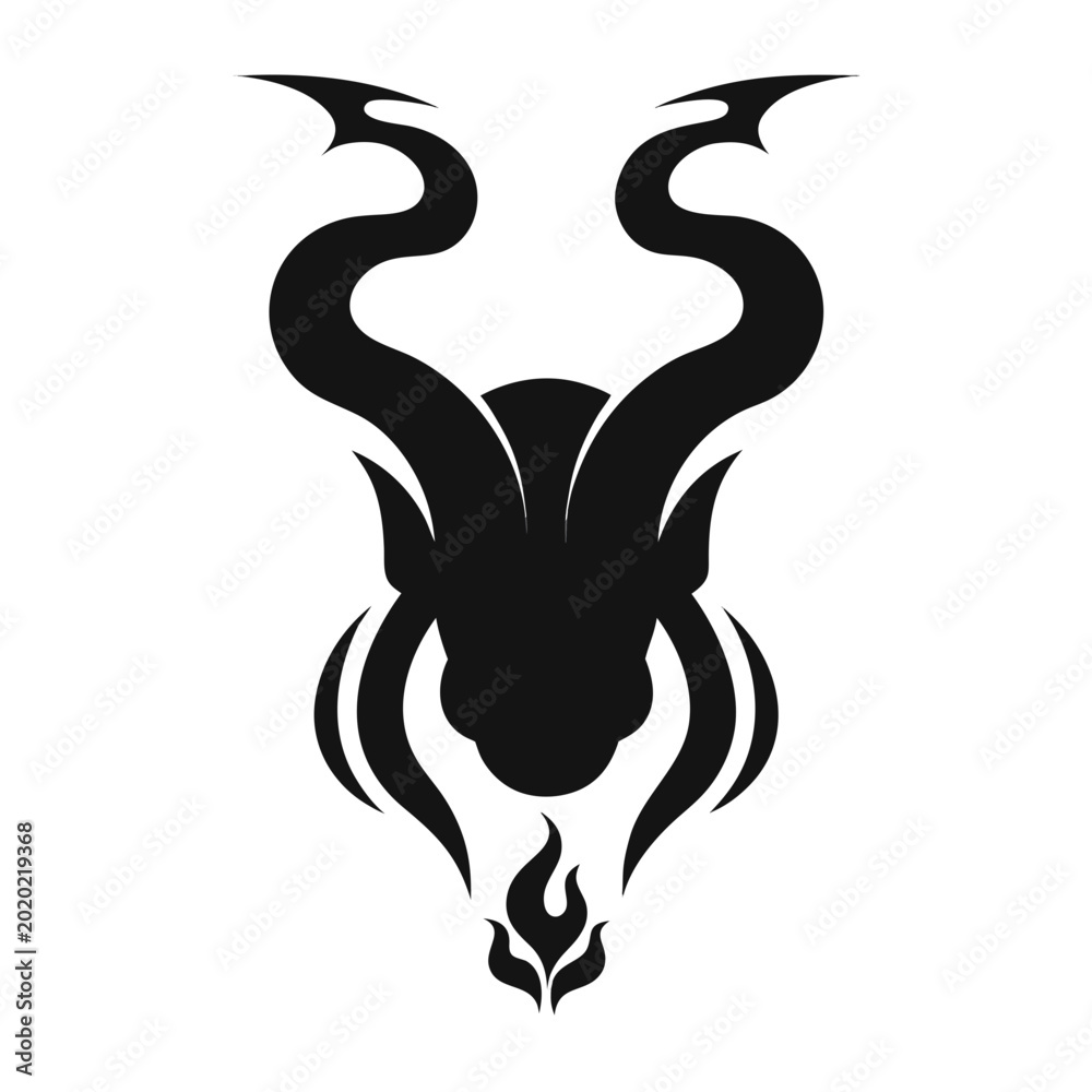 Fototapeta premium Krampus silhouette icon, horned demon head with fire flame, isolated minimalist vector design for holiday season, gothic folklore character graphic, black shape on white background