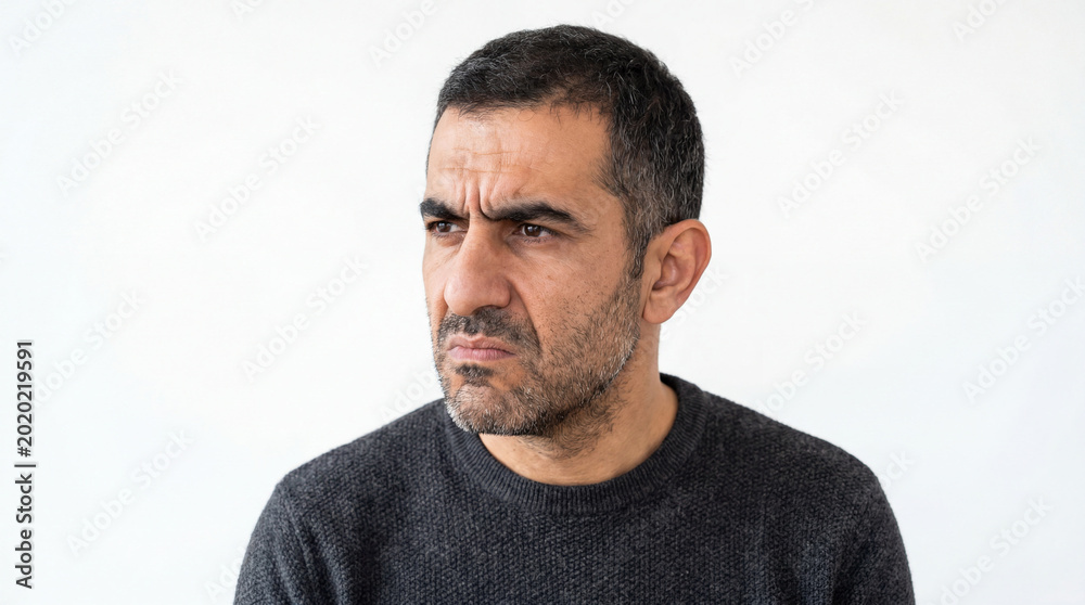 Fototapeta premium Portrait of an Annoyed Middle-Aged Man with Stubbled Beard Frowning and Looking Away in Disgust or Skepticism against a White Background