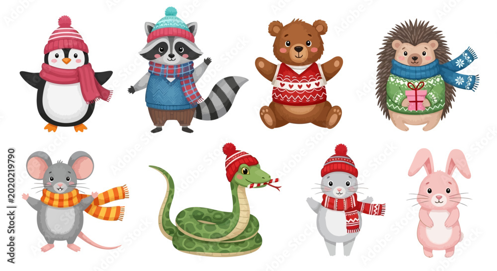 Naklejka premium Winter animals, cute cartoon characters, snow, 8 icon set, vector