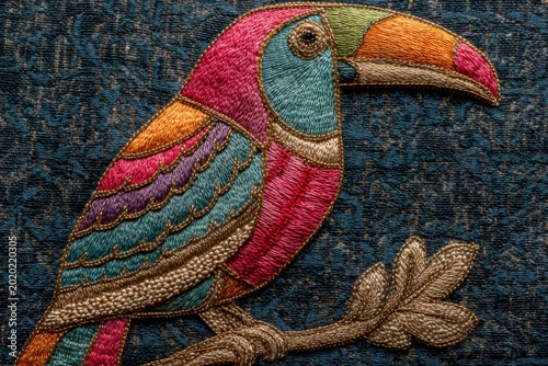 Vibrant Toucan Embroidery Art on Textured Fabric Background Decor