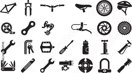 Billede på lærred Bicycle parts and repair tools vector set showing various mechanical components