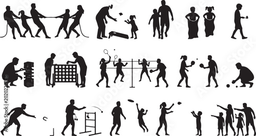 Bild auf Leinwand Set of black silhouettes of families and children playing various outdoor games