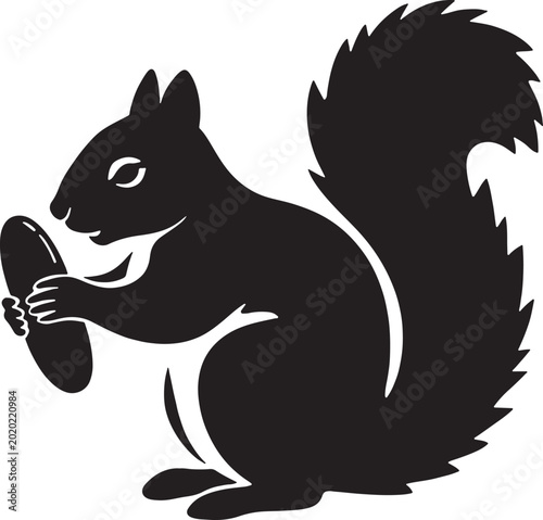 A squirrel holds a magnifying glass in a natural setting with trees.