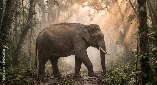 Majestic wild elephant walking through a lush tropical rainforest illuminated by golden morning sunbeams.