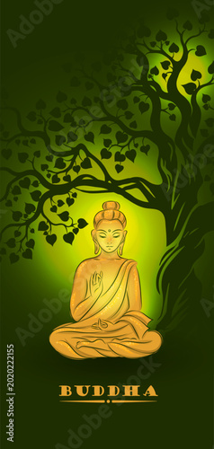 Mystical Green vector scene with meditating luminous young Lord Buddha beneath a stylized Bodhi tree. Glowing light, flowing branches and calm night atmosphere create spiritual oriental composition 