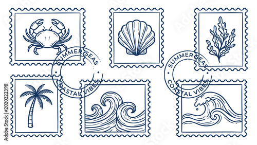 Coastal postage stamp set nautical summer seaside icons crab seashell seaweed palm tree stylized waves cresting wave with circular postmarks blue outline minimal vector illustration for packaging