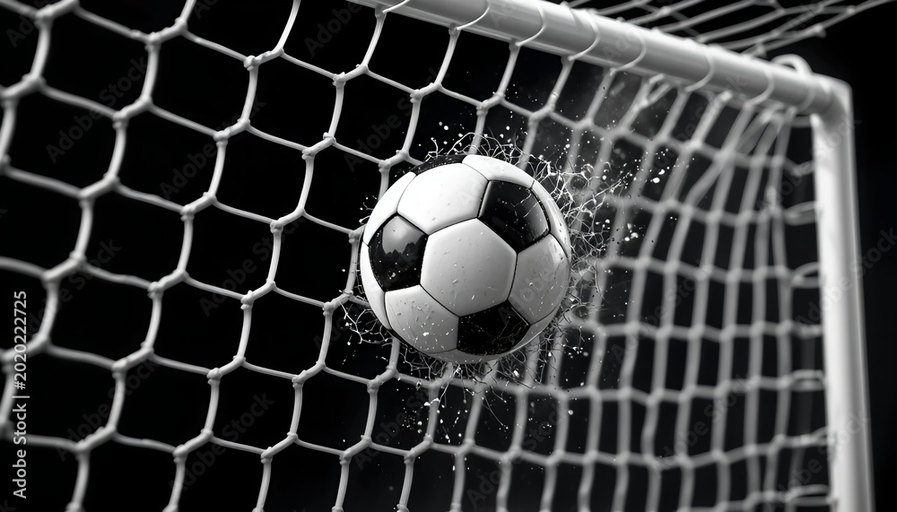 Naklejka premium Black and white soccer ball crashing into a goal net with dramatic ink splash effects, capturing intense motion, impact, and dynamic sports energy on a clean background