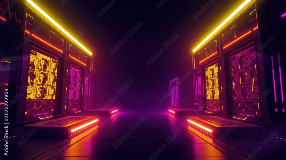 Fototapeta premium Futuristic corridor, neon lights illuminate dark space. Symmetry creates dramatic perspective, hinting at distant doorway. Minimalist design.