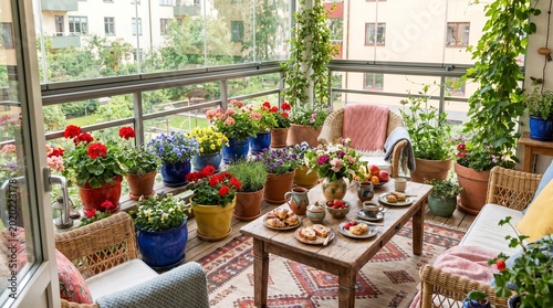 A cozy balcony with a table and chairs surrounded by many potted plants and flowers